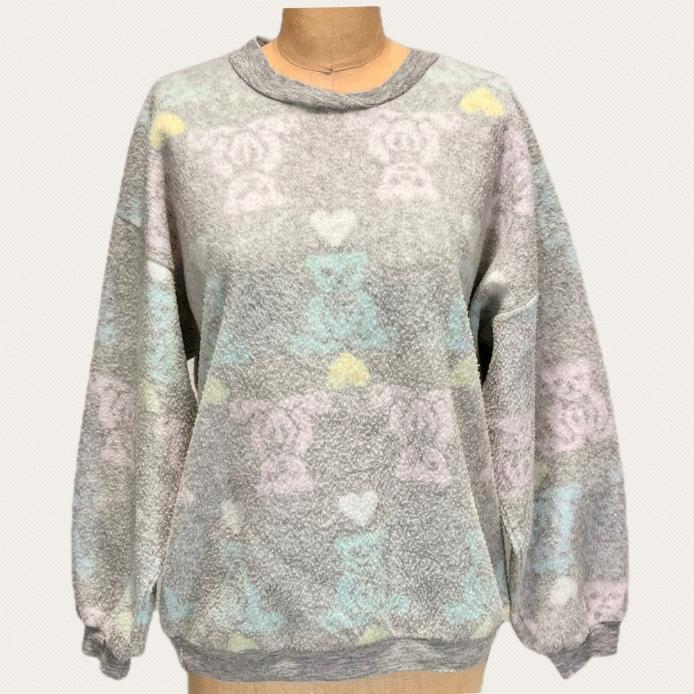 VINTAGE 80s teddy bear hearts pastel fuzzy sweatshirt sweater texture oversized